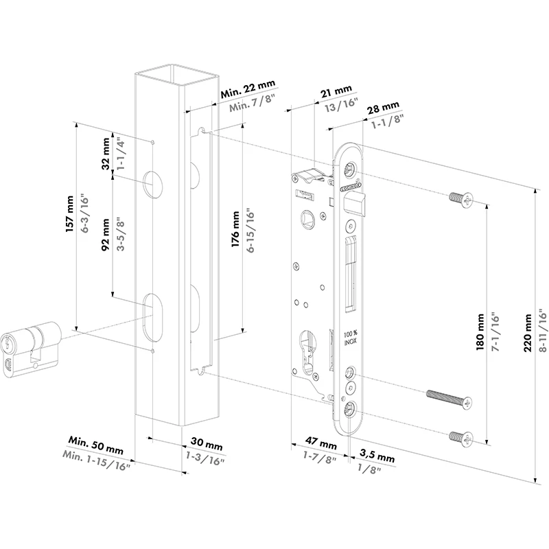 Locinox FIFTYLOCK insteekslot – 30 mm doornmaat – Voor profielen vanaf 50 mm