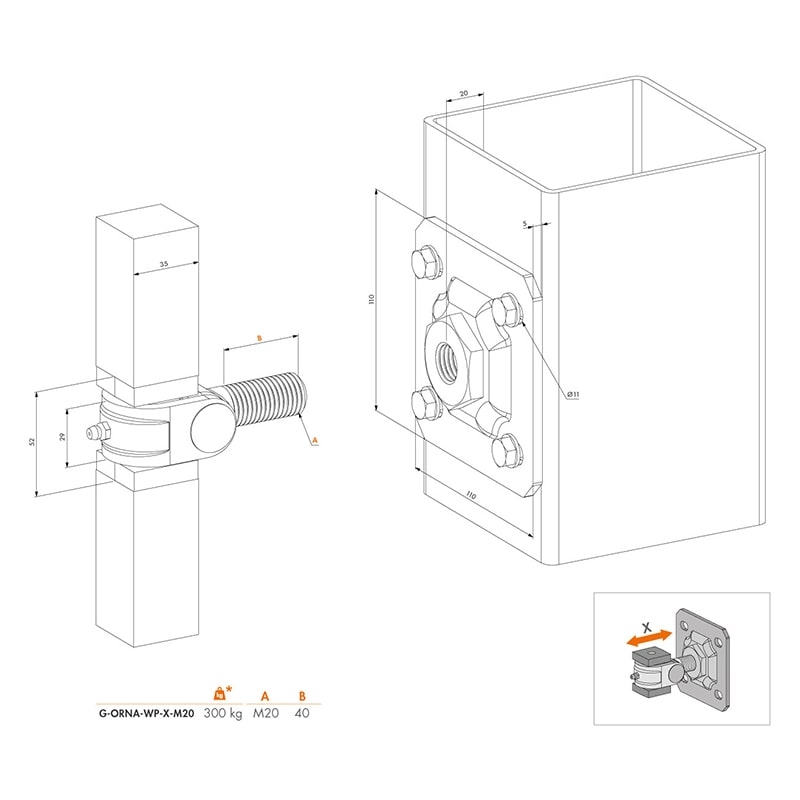 Locinox G-ORNA-WP sierpoort scharnierset – Met muurplaat